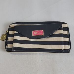 Betsey Johnson Black Striped Wallet Pink & Gold Tone Lip Emblem